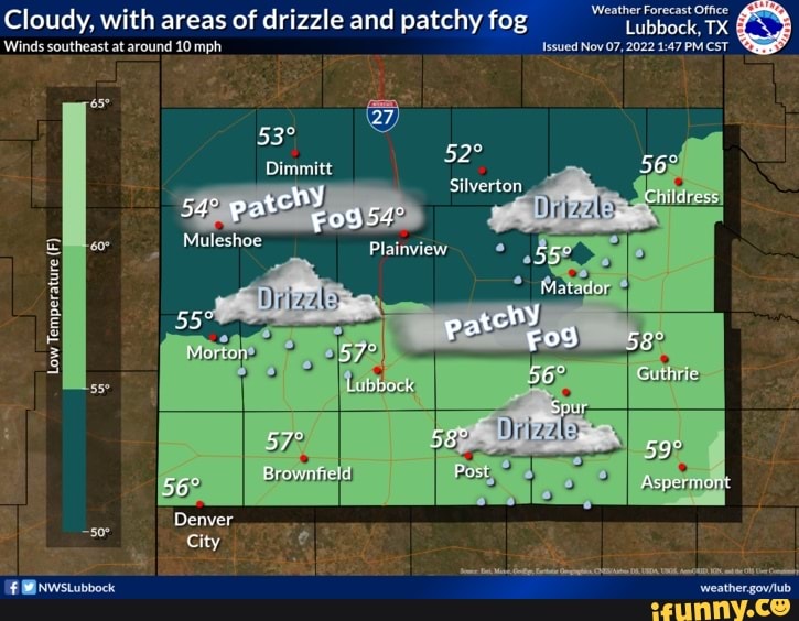 Cloudy, with areas of drizzle and patchy fog uubbock, TX Winds