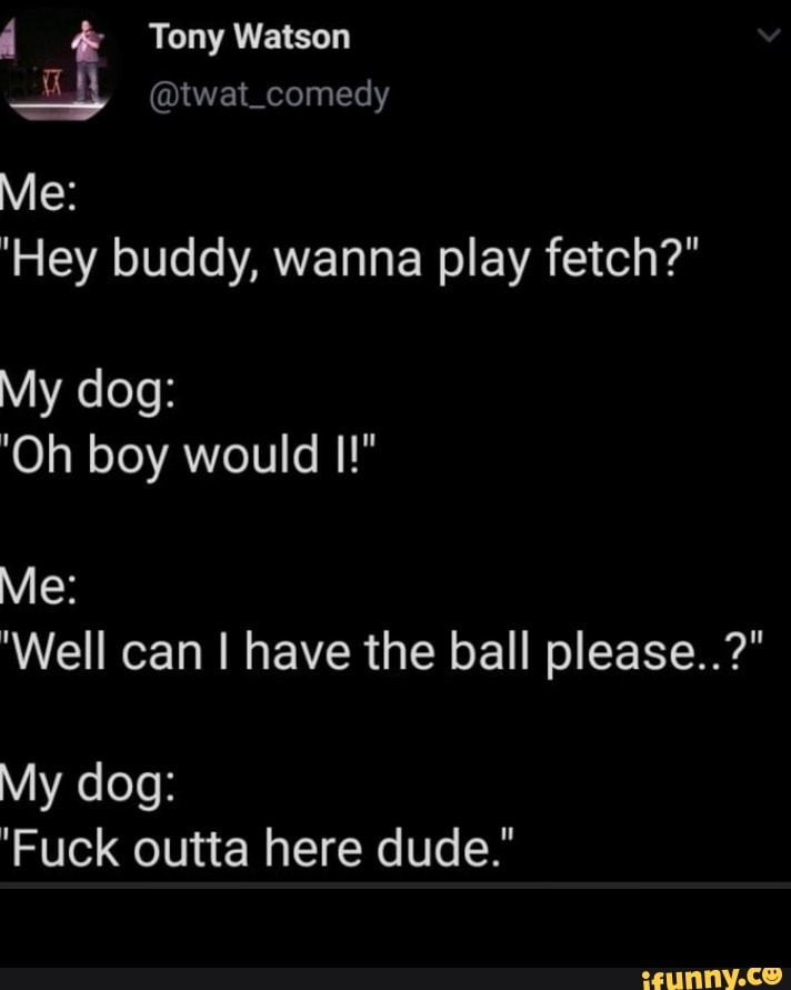 'Hey buddy, wanna play fetch?"
Well can I have the ball please..?"
My dog:
'Fuck outta here dude." -