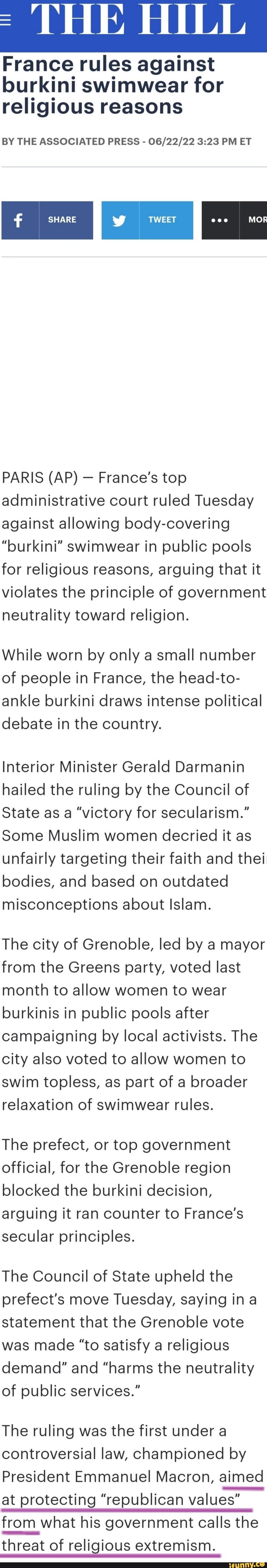 C THE HILL France rules against burkini swimwear for religious