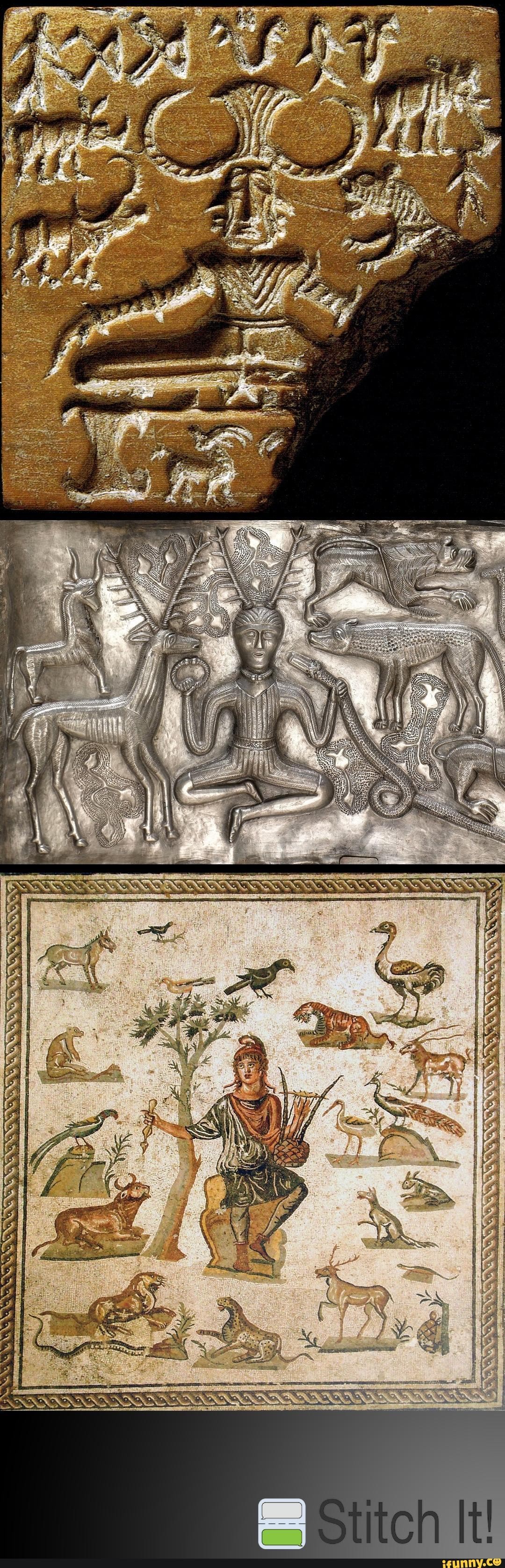 Top is the pashupati seal Mid is cernunanos depicted on a cylinder seal  Bottom orpheus (an avatar of dionysus, the Grecian horned god) 