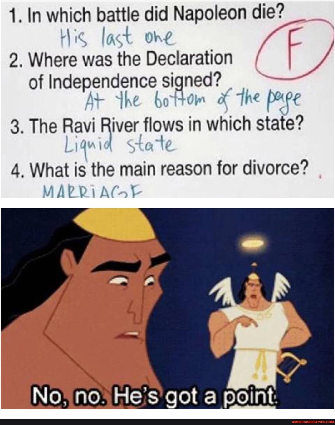 1. In which battle did Napoleon die?
Hig, last one
2. Where was the Declaration of Si ned? th e bot the pare
3. The Ravi River flows I in I which state?
4, What is the main reason for divorce?
MARRIAGE
No, no. He's' got a point.