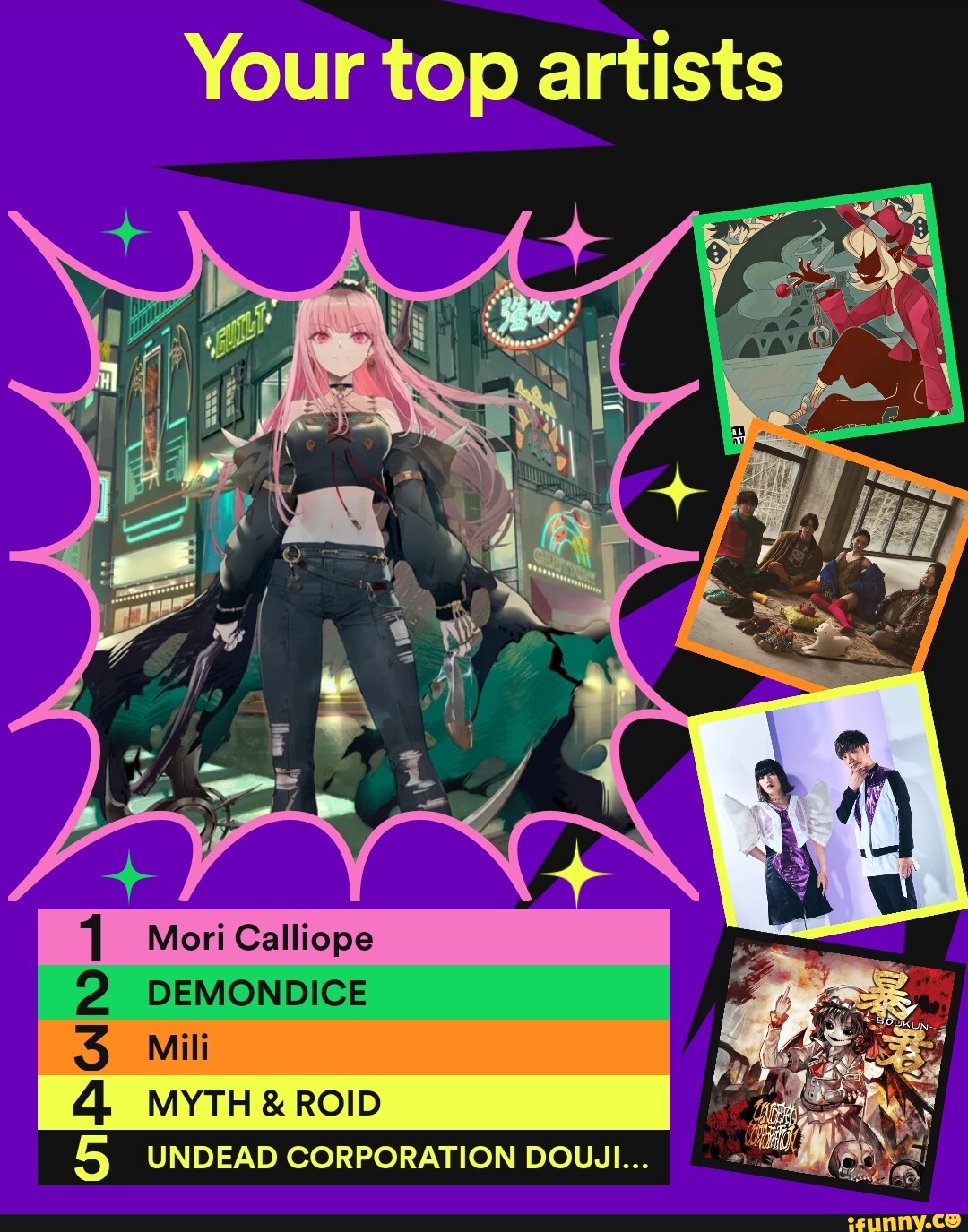 Your Top Artists Mori Calliope DEMONDICE Mili MYTH ROID UNDEAD   D98d0db18f0a880c5afec123b18afc0b770f16abb43cf2a78c9c5510f9e9e466 1 