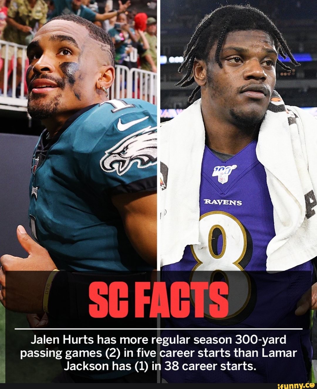 Jalen Hurts has more regular season 300-yard passing games (2) in five  career starts than Lamar Jackson has (1) in 38 career starts. - )