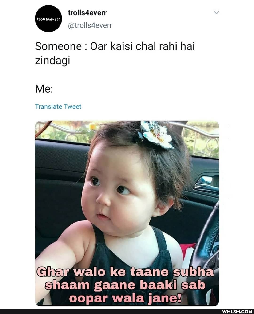 Someone : Oar kaisi chal rahi hai zindagi
Me:
Translate Tweet
Ghar walo ke taane subha
Shaam gaane
oopar wala jane!