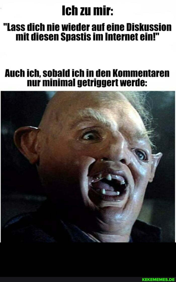 Ich zu mir:
"Lass dich nie wieder auf eine Diskussion mit diesen Spastis im Internet ein!"
Auch ich, sobald ich in den Kommentaren nur minimal getriggert werde: