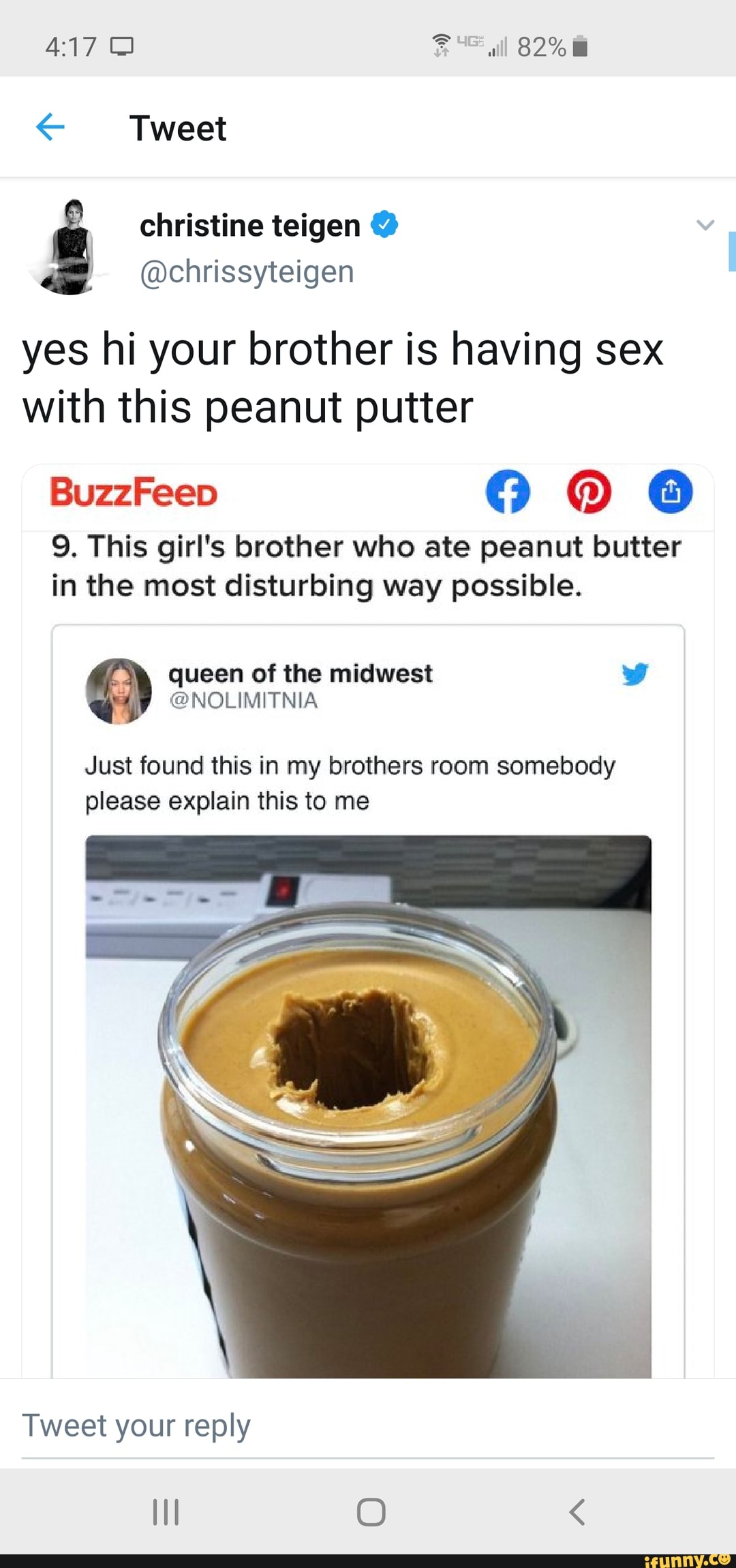 6 Tweet yes hi your brother is having sex with this peanut putter BuzzFeeo  ﬂ ©