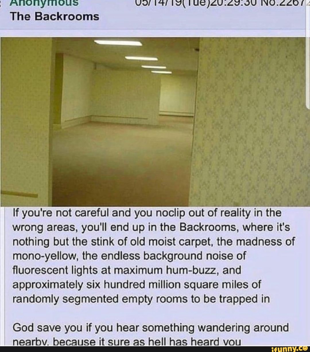 If you're not careful and you noclip out of reality in the
wrong areas, you'll end up in the Backrooms, where it's
nothing but the stink of old moist carpet, the madness of
mono-yellow, the endless background noise of
fluorescent lights at maximum hum-buzz, and
approximately six hundred million square miles of
randomly segmented empty rooms to be trapped in
God save you if you hear something wandering around
nearbv. because it sure as hell has heard vou