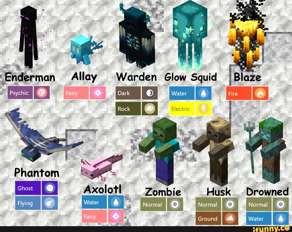 'Enderman Allay Warden Glow Squid Phantom Axolotl Zombie Husk _ Drowned ...