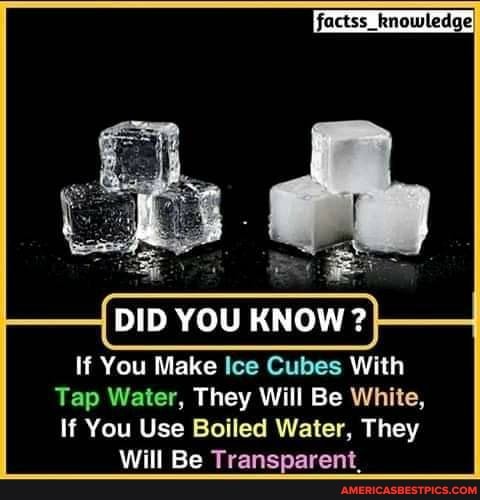 DID YOU KNOW ?
If You Make Ice Cubes With
Tap Water, They Will Be White, li You Use Boiled Water, They
Will Be Transparent,