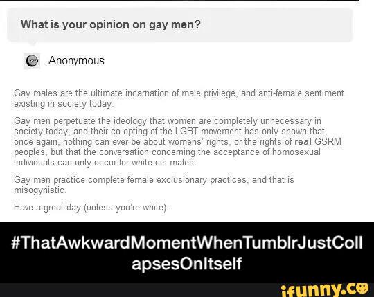 What is your opinion on gay men?
e Anonvmous
#ThatAwkward MomentWhenTumblrJustColl
apsesOnltself