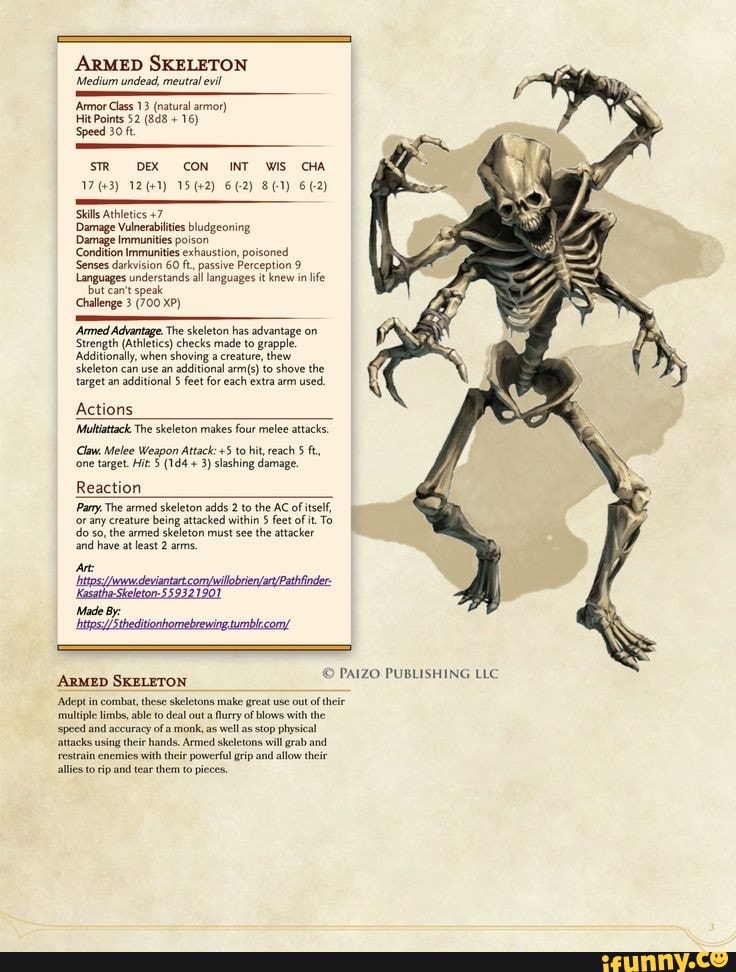 ARMED SKELETON 'Medium undead, meutral evil 'Armor Class 13 (natural ...