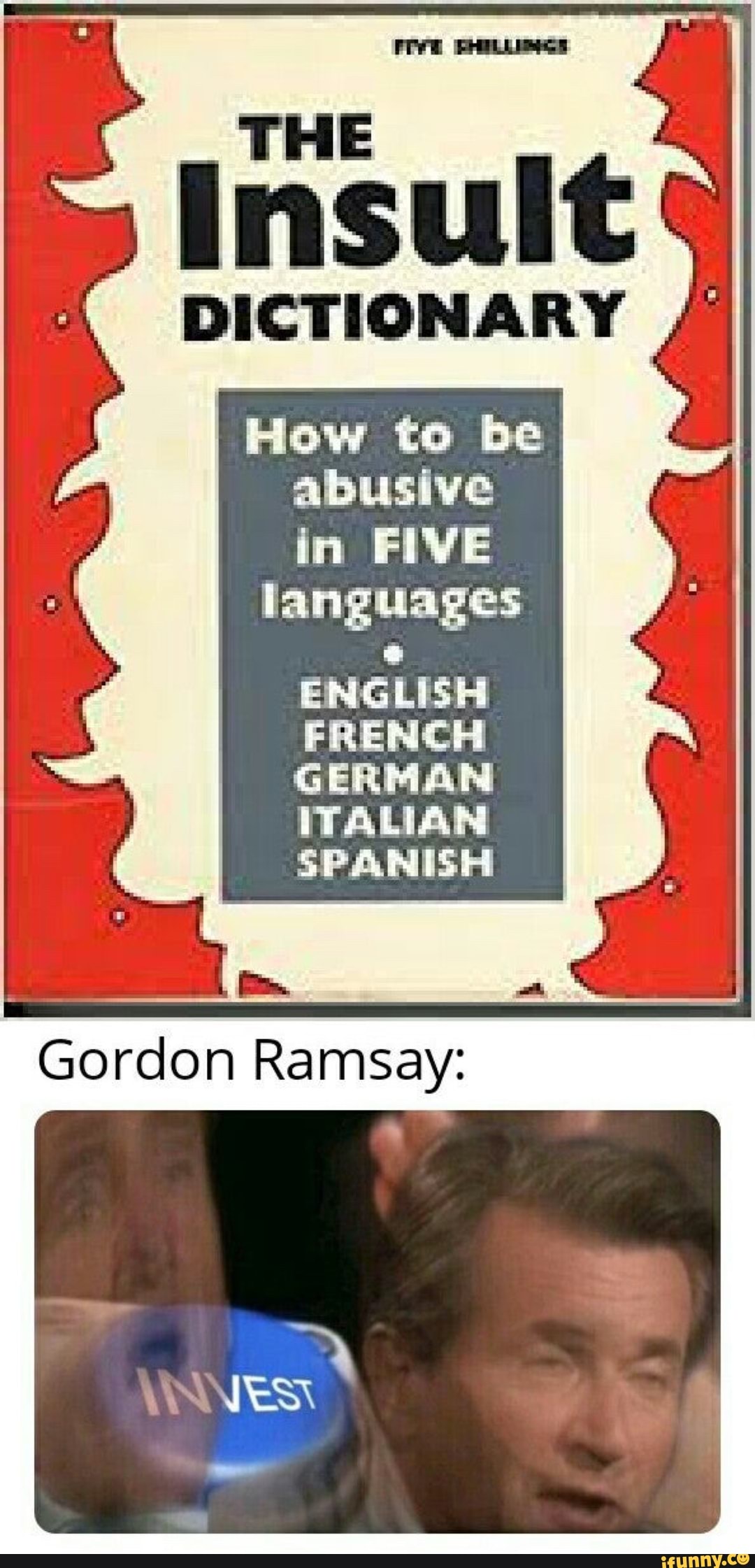 THE
Insult I
DICTIONARY
How to be
abusive
in FIVE
i
ENG Er
FRENCH
GERMAN
ITALIAN
SPANISH
Gordon Ramsay: