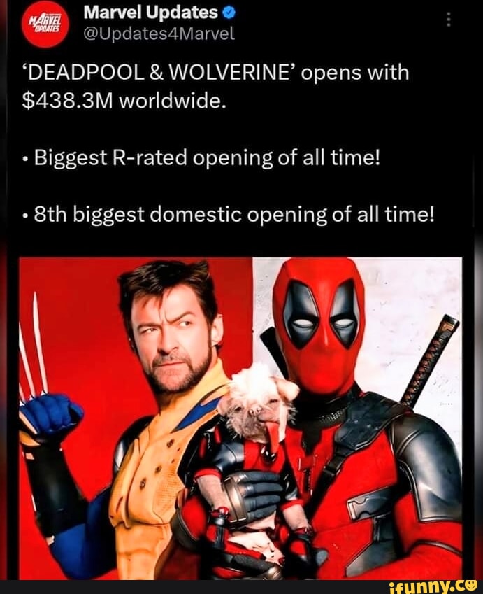 Marvel Updates @ @Updates4Marvel 'DEADPOOL & WOLVERINE' Opens With $438 ...