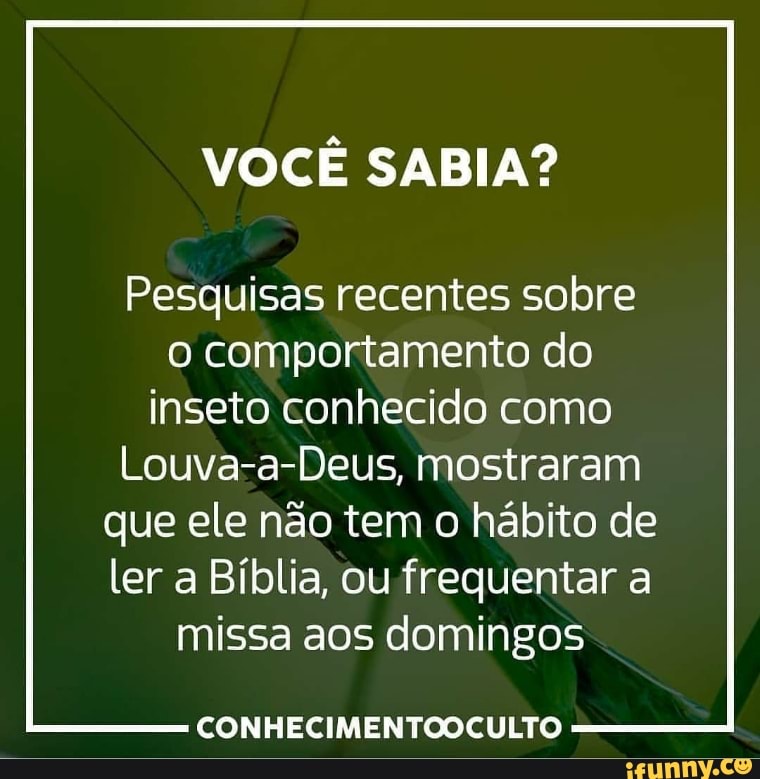 VOCÊ SABIA?
Pesquisas recentes sobre
o comportamento do
inseto conhecido como
Louva-a-Deus, mostraram
que ele não tem o hábito de
ler a Bíblia, ou frequentar a
missa aos domingos
CONHECIMENTOOCULTO