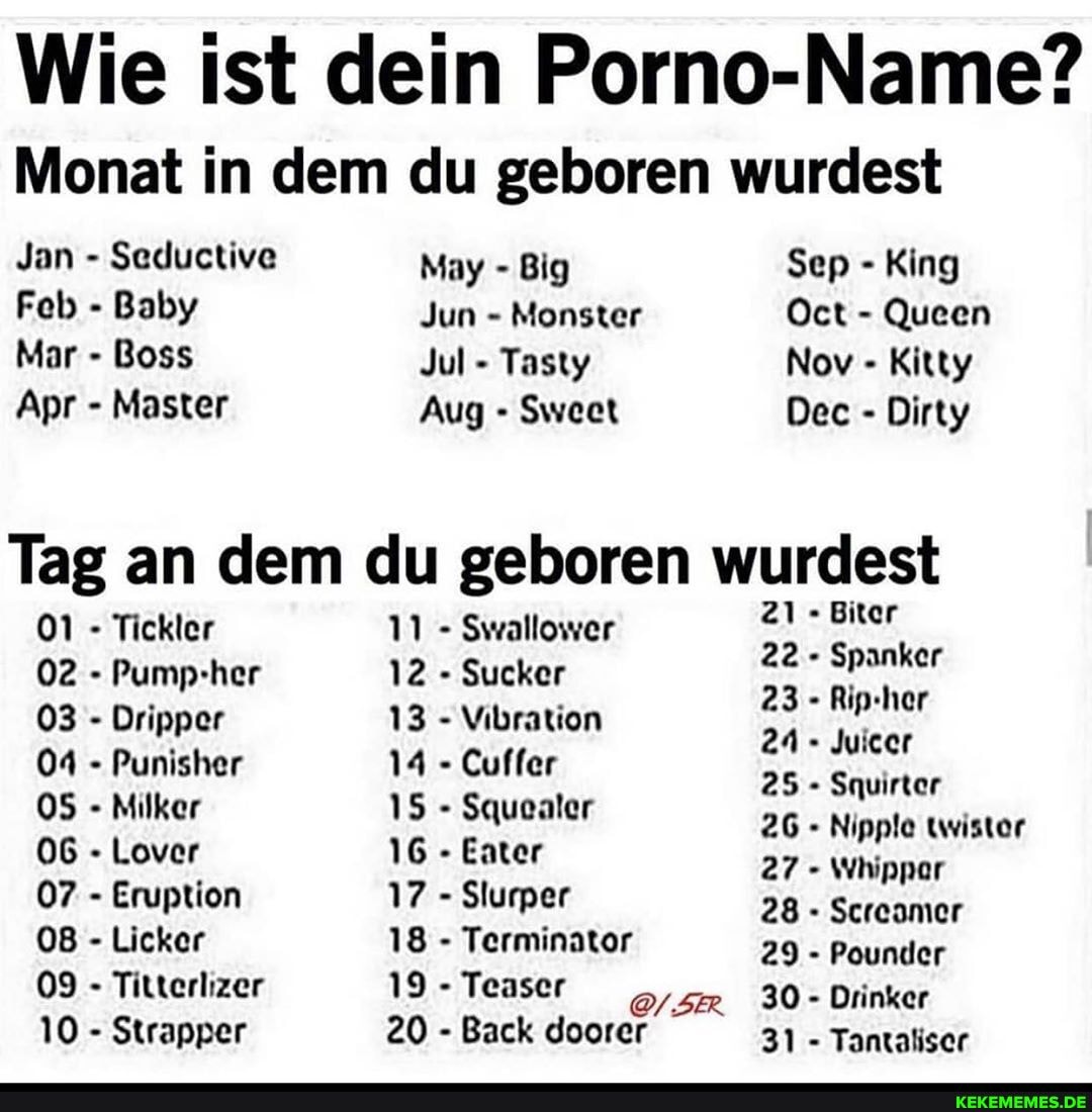Wie ist dein Porno-Name?
Tag an dem du geboren