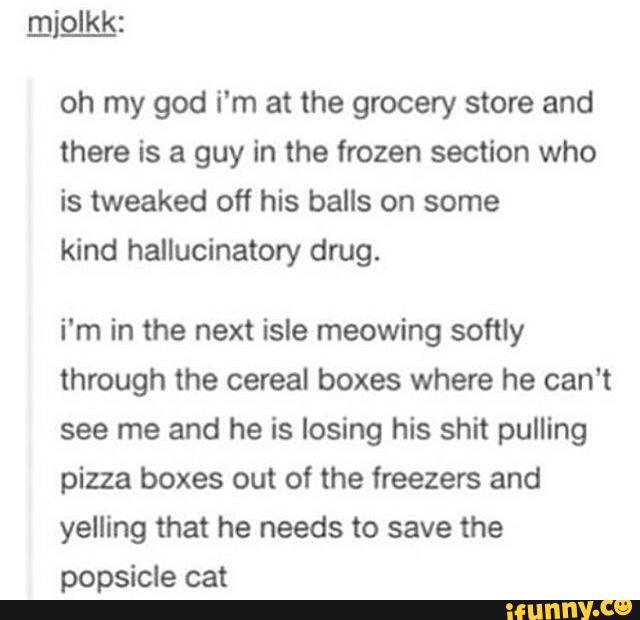 oh my god i'm at the grocery store and
there is a guy in the frozen section who
is tweaked off his balls on some
kind hallucinatory drug.
i'm in the next isle meowing softly
through the cereal boxes where he can't
see me and he is losing his shit pulling
pizza boxes out of the freezers and
yelling that he needs to save the
popsicle cat