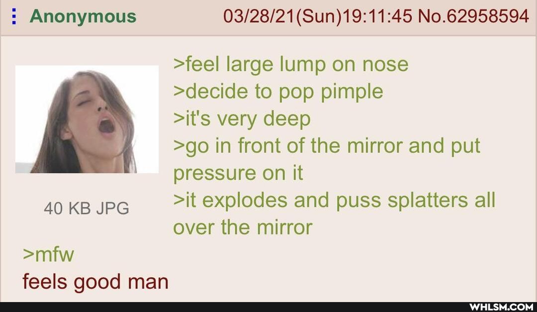 : Anonymous No.62958594
>feel large lump on nose
>decide to pop pimple
>it's very deep
>go in front of the mirror and put pressure on it
40 KB JPG >it explodes and puss splatters all
over the mirror
>mfw
feels good man