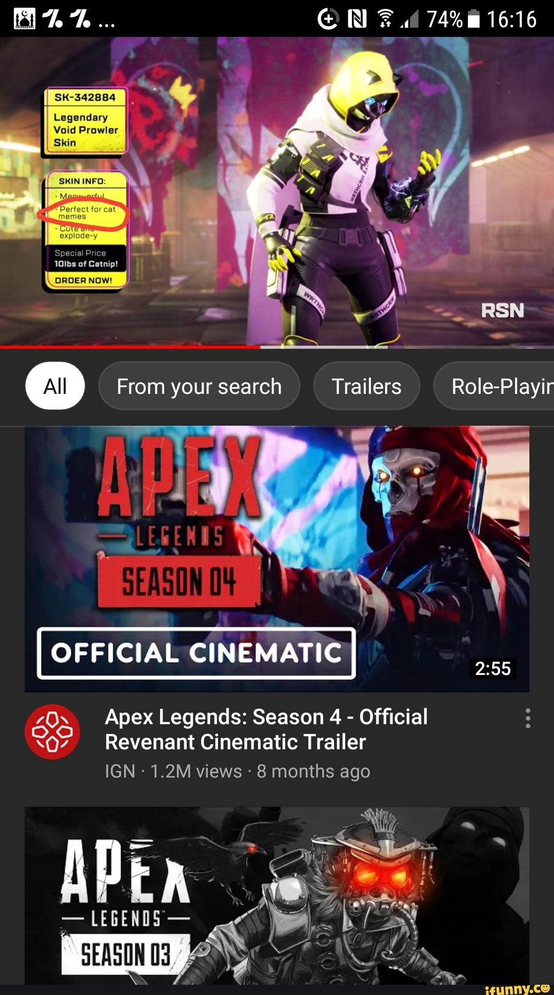 Sk 3424 Legendary Void Prowler Skin Nora 74 Rsn All From Your Search Trailers Role Playir Official Cinematic Ox Apex Legends Season 4 Official Revenant Cinematic Trailer Ign 1 2m Views 8 Months Ago Legends Ifunny