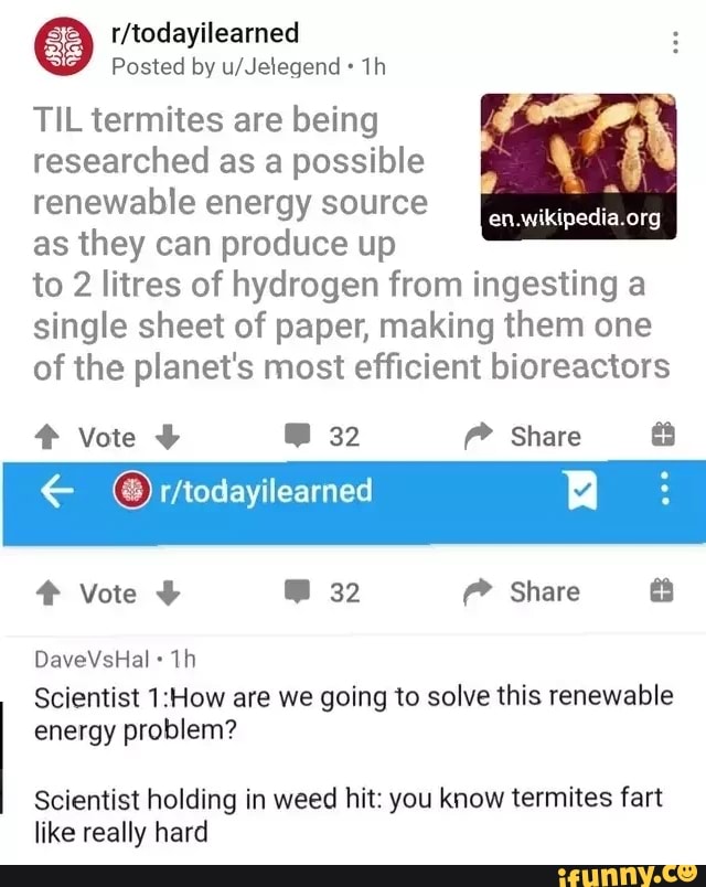 O r/todayilearned Posted by u/Jelegend TIL termites are being researched as  a possible renewable