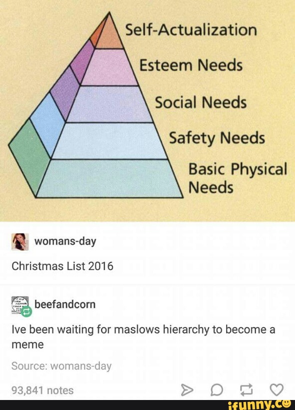 A Self Actualization Safety Needs Basic Physical Needs Christmas List 16 Ive Been Waiting For Maslows Hierarchy To Become A Meme Ifunny