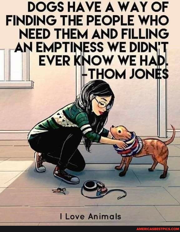 DOGS HAVE A WAY OF FINDING THE PEOPLE WHO NEED THEM AND FILLING AN EMPTINESS WE DIDN'
EVER KNOW WE H THOM JONES
I Love Animals