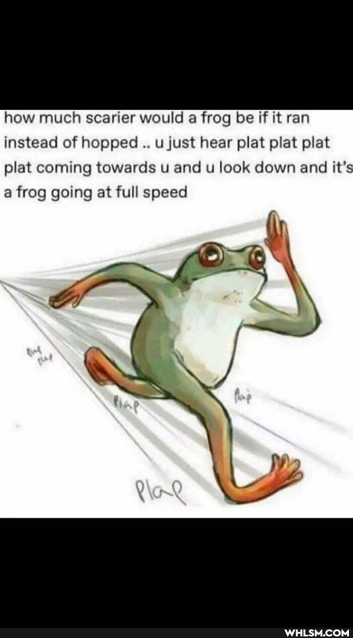 how much scarier would a frog be if it ran instead of hopped u just hear plat plat plat plat coming towards u and u look down and it's
a frog going at full speed