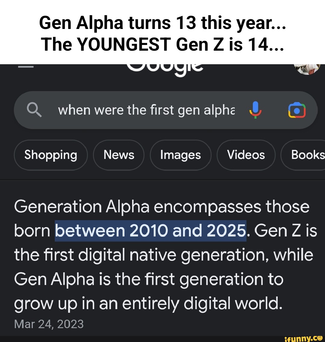 Gen Alpha turns 13 this year... The YOUNGEST Gen Z is 14... Q when were