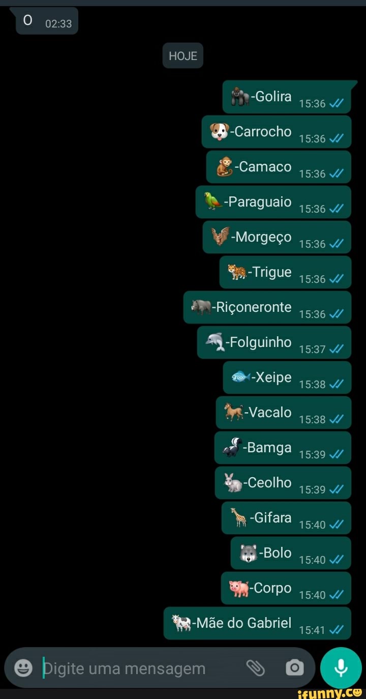HOJE
B-carocho
Dara
Paraguaio 15.96
/-Morgeço
Riçoneronte 1536
-Folguinho
1537
""-Xeipe 1538
1538
A-VacalO
-Bamga
En-Ceolho
BOIO
do Gabriel
Digite uma mensagem O