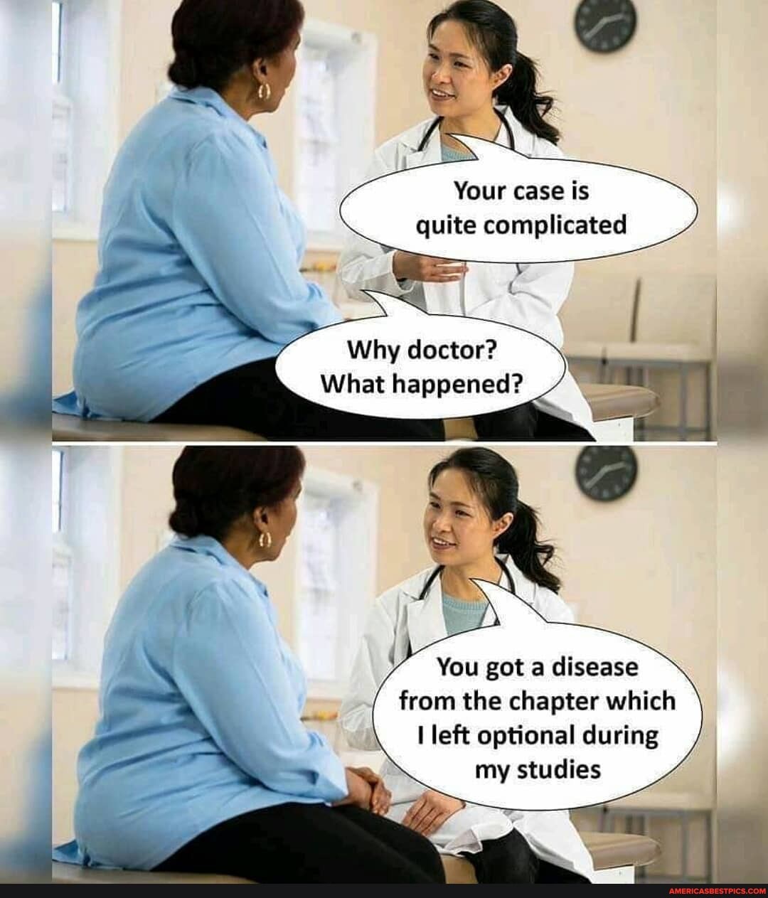 Your case is quite complicated
Why doctor?
What happened?
You got a disease from the chapter which left optional during my studies