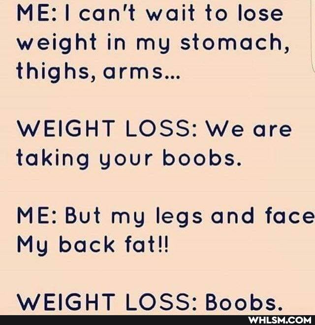 ME:! can't wait to lose weight in my stomach, thighs, arms...
WEIGHT LOSS: We are taking your boobs.
ME: But my legs and face
My back fat!!
Mccca: Ranhe