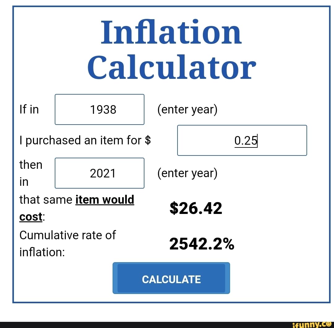 Inflation
Calculator
If in 1938 (enter year)
I purchased an item for 0.25
men 2021 (enter year)
that same item would cost:
Cumulative rate of inflation:
$26.42
2542.2%
CALCULATE