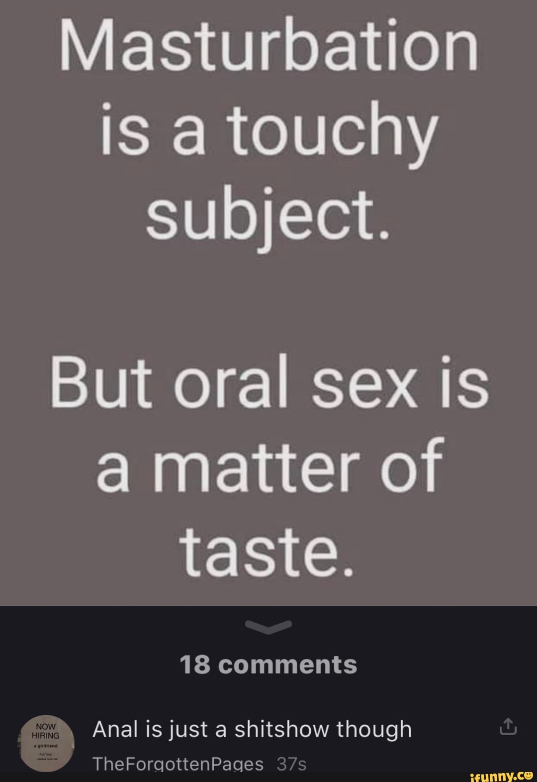 Masturbation is a touchy Subject. But oral sex is a matter of taste. 18  comments Anal is just a shitshow though TheForaotten Pages - iFunny