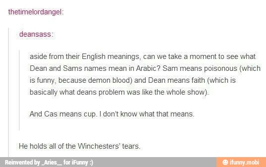 thetimelordangel
aside from their English meanings, can we take a moment to see what
Dean and Sams names mean in Arabic? Sam means poisonous (which
is funny, because demon blood) and Dean means faith (which is
basically what deans problem was like the whole show).
And Cas means cup. I don't know what that means.
He holds all of the Winchesters' tears.