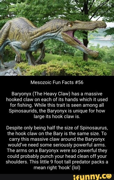 Mesozoic Fun Facts #56 Baryonyx (The Heavy Claw) has a massive hooked ...