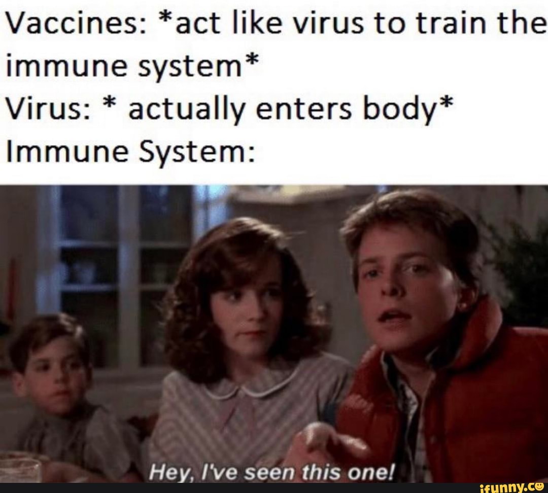 Vaccines: *act like virus to train the
immune system*
Virus: actually enters body*
Immune System:
J
Hey, I've seen this one!