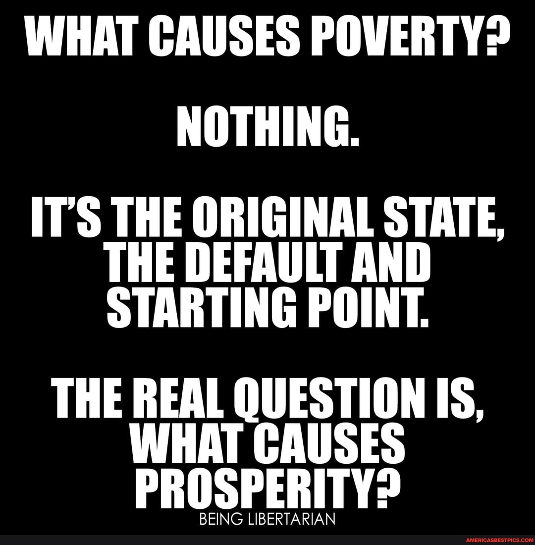 WHAT CAUSES POVERTY?
NOTHING.
IT'S THE ORIGINAL STATE,
THE DEFAULT AND STARTING POINT.
THE IS,
WHAT CAUSES BEING LIBERTARIAN
BEING LIBERTARIAN
