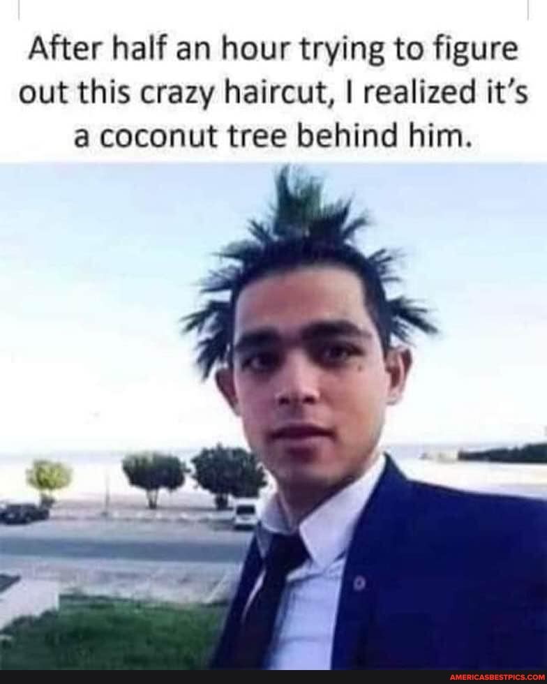 After half an hour trying to figure out this crazy haircut, I realized it's coconut tree behind him.
ff