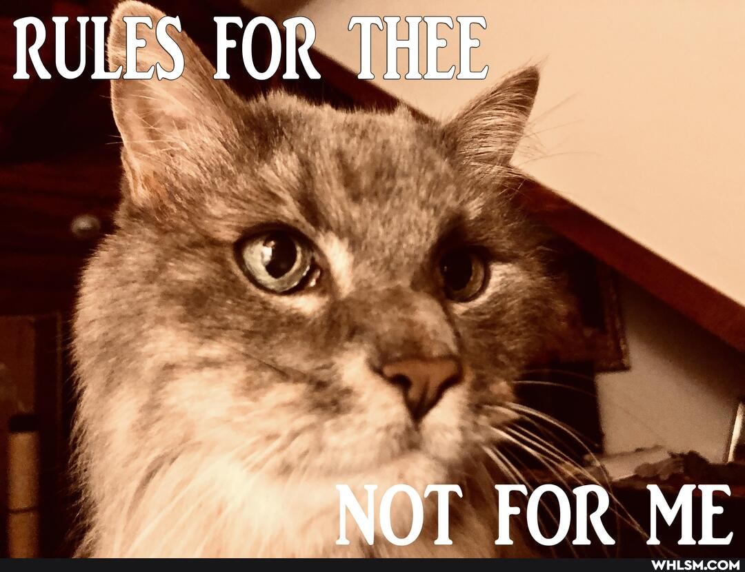 RULES FOR THEE
NOT FOR ME
