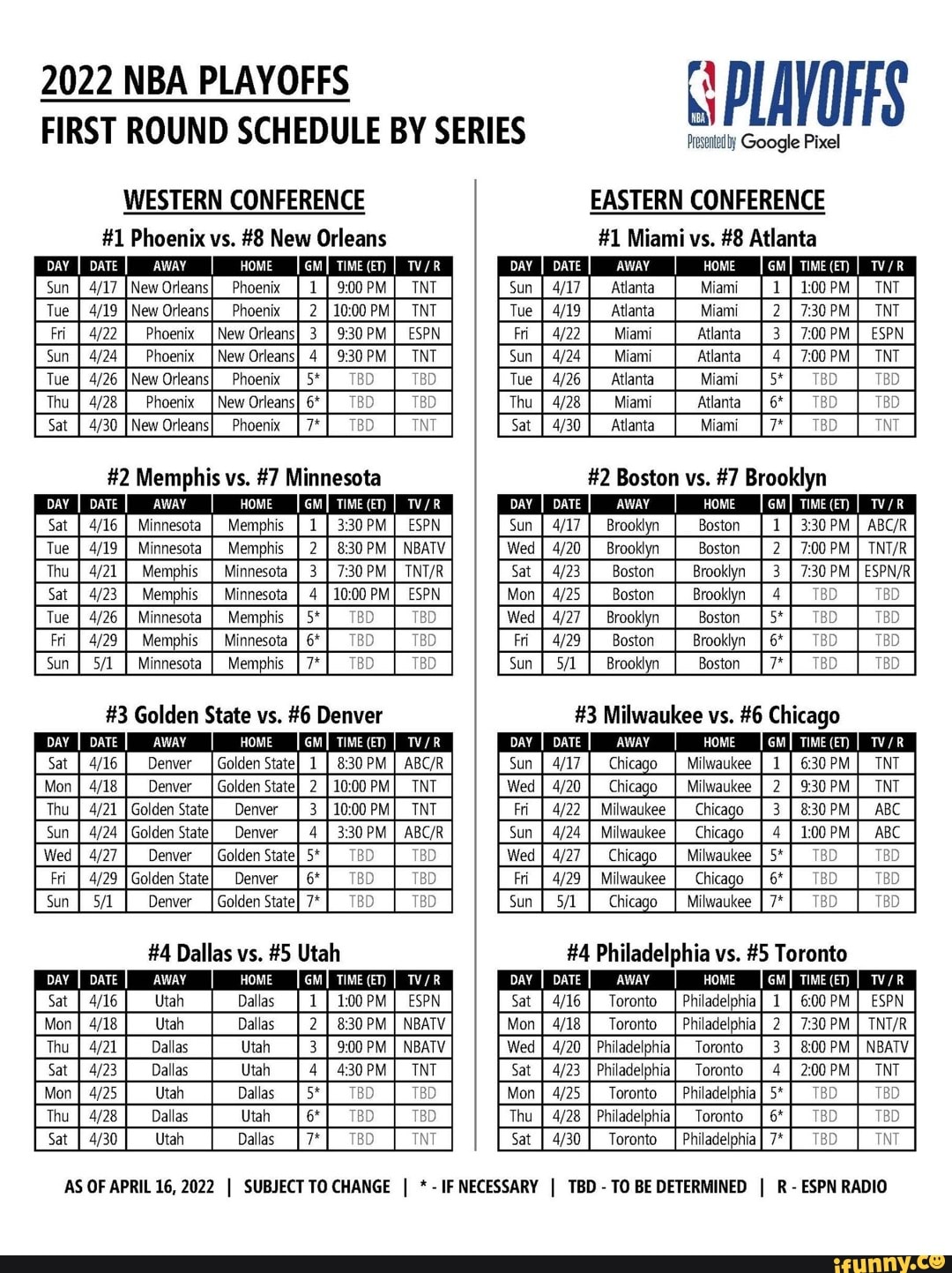 2022 NBA PLAYOFFS FIRST ROUND SCHEDULE BY SERIES WESTERN CONFERENCE 1