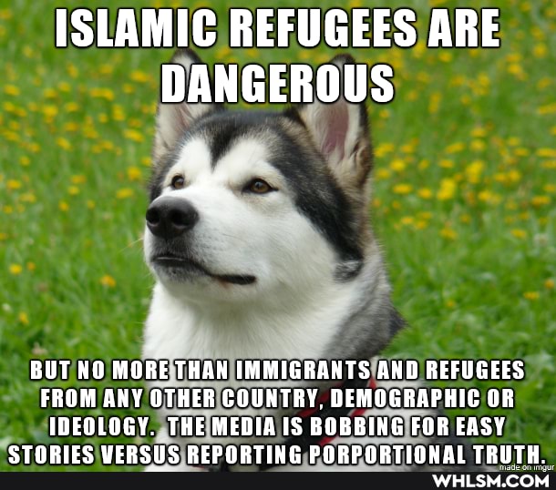ISLAMIC REFUGEES ARE DANGEROUS
BUT NO MORE THAN IMMIGRANTS AND REFUGEES FROM ANY OTHER COUNTRY, DEMOGRAPHIC OR IDEOLOGY THE MEDIA IS BOBBING FOR EASY
eTANIFS UFNOLS AANTIDA NANnnANTIOUAL TRITIE
