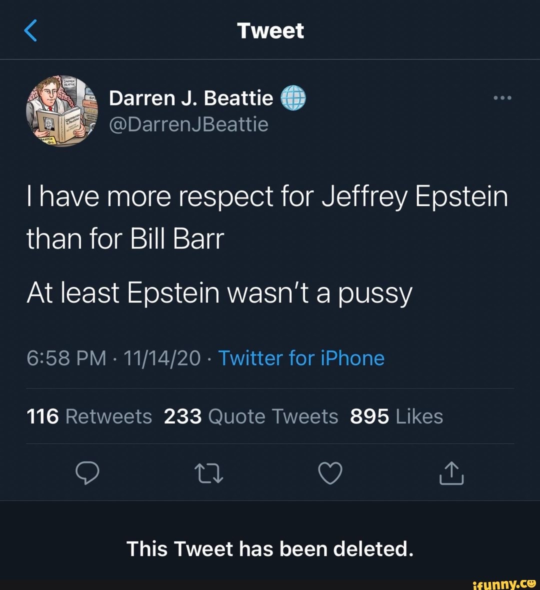 Tweet Darren J Beattie By Darrenjbeattie I Have More Respect For Jeffrey Epstein Than For Bill
