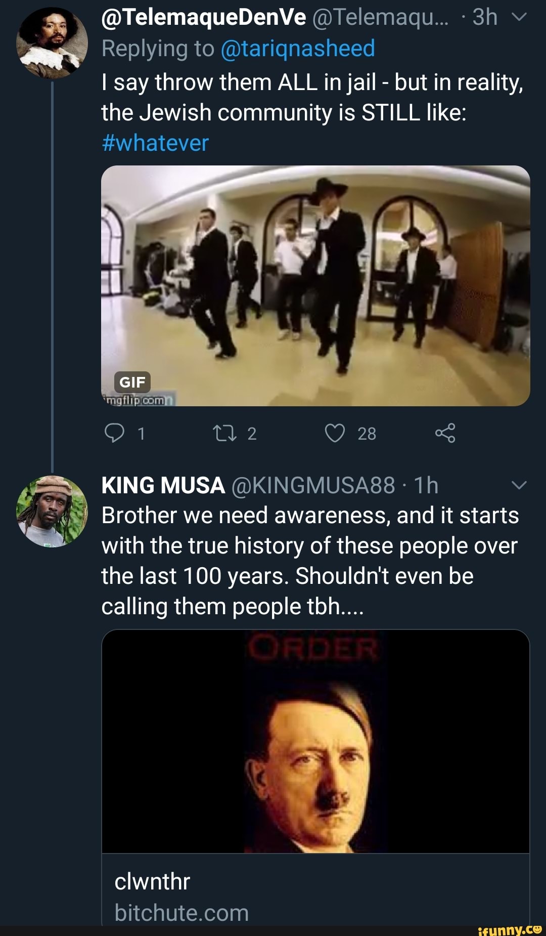 Jae Replying to (Vtariqnasheed
o
I say throw them ALL in jail but in reality,
the Jewish community is STILL like:
Brother we need awareness, and it starts
with the true history of these people over
the last 100 years. Shouldn't even be
calling them people tbh....