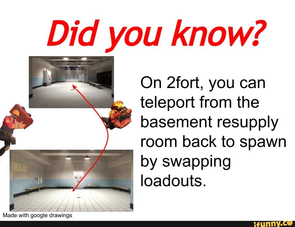 Did you know?
Zs On 2fort, you can
teleport from the basement resupply
room back to spawn
by swapping
loadouts.