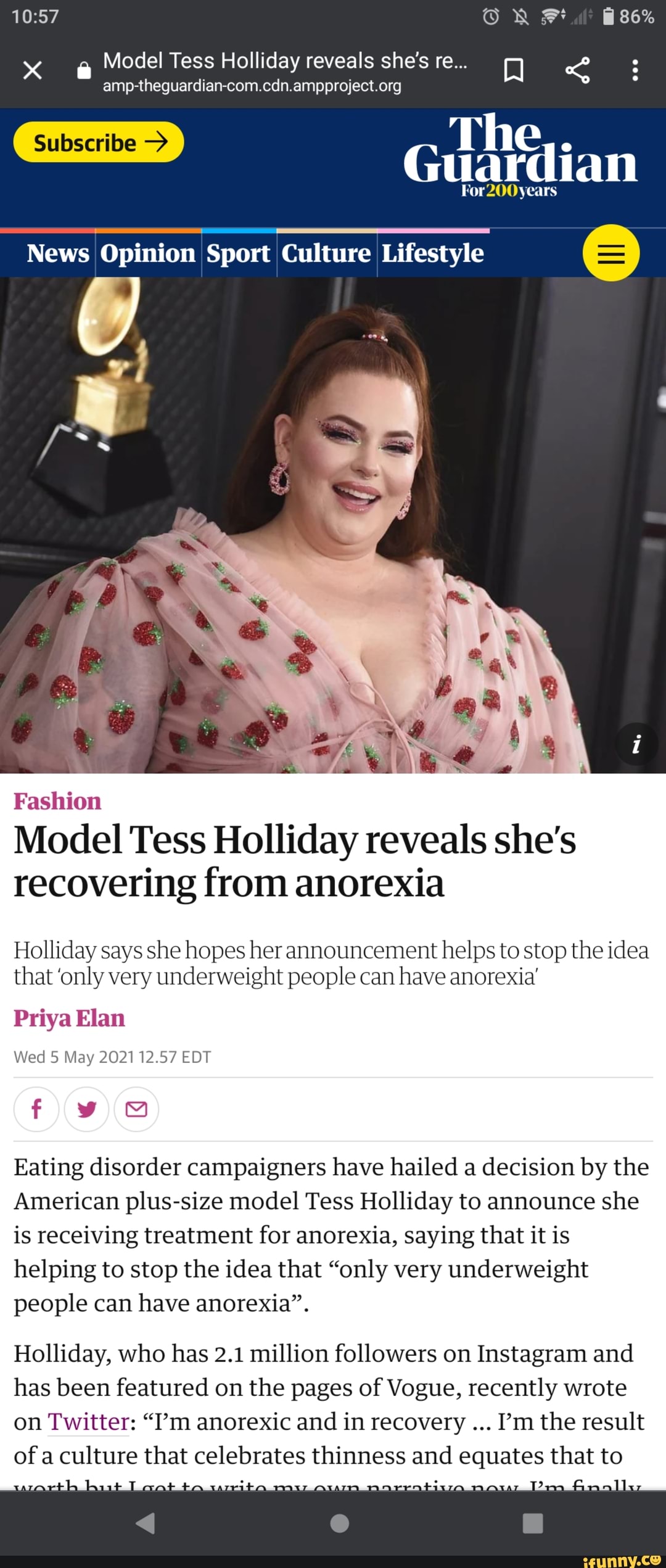 Model Tess Holliday reveals she's recovering from anorexia