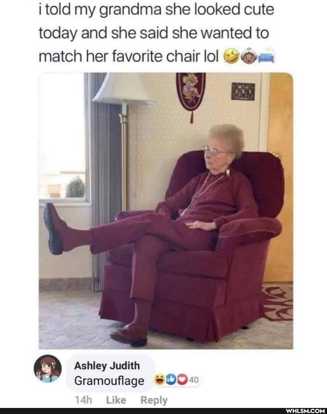 i told my grandma she looked cute today and she said she wanted to match her favorite chair lol yam
Ashley Judith
Gramouflage
like