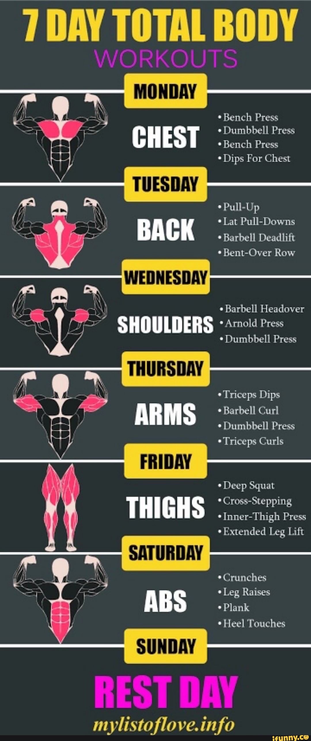 7 DAY TOTAL BODY
WORKOUTS
* Bench Press
CHEST Dumbbell Bench Press Press
Bench Press
Dips For Chest
Pull-U
BACK * Lat Pull-Downs Barbell Deadlift
* Barbell Deadlift
* Bent-Over Row
Pa
Barbell Headover
SHOULDERS * Arnold Press
Dumbbell Press
Triceps Dips
Barbell
ARMS
* Dumbbell Press
FRIDAY
* Triceps Curls
Deep Squat
THI GHS * Cross-Stepping *Inner-Thigh Press
*Inner-Thigh Press
Extended Leg Lift
SATURDAY
* Crunches
ABS Leg Raises Plank
* Plank
* Heel Touches
REST DAY
mylistoflove.info