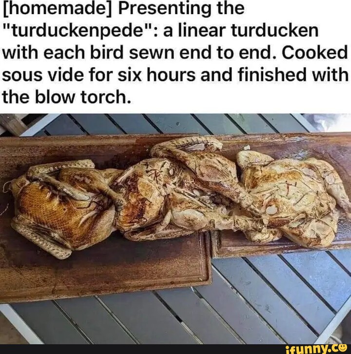 Presenting tine a linear turducken with each bird sewn end to end