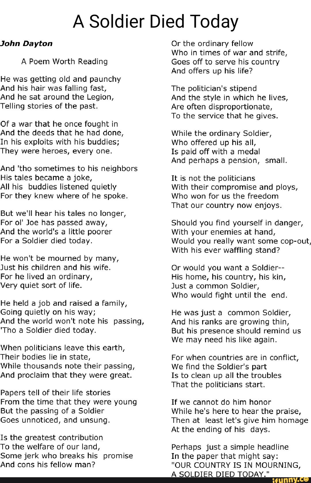 A Soldier Died Today John Dayton A Poem Worth Reading He was getting ...