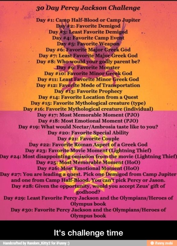 30 Day Percy Jackson Challenge
Day #1: Camp Half-Blood or Camp Jupiter
Day #2: Favorite Demigod
Day #3: Least Favorite Demigod
Day #4: Favorite Camp Event
Day #5: Payorite Weapon
Day #6: Favorite Major Greek God
Day #7: Least Favorite Major Greek God
Day #8: Whowyould your godly parent be?
Day #9: Favorite Monster
Day +10: Favorite Minor Greek God
Day #11: Least Favorite Minor Greek God
Day #12: Fayórite Mode of Transportation
Day £13: Favorite Prophecy
Day #14: Favorite Location from a
Quest
Mythological creature (type)
Favorite Mythological creature (individual)
Day #17: Most Memorable Moment (PJO)
Day #18: Most Emotional Moment (PJO)
Day #19: What would Nectar/Ambrosia taste like to you?
Day #20: Favorite Special Ability
Day #21: Favorite Couple
Day #22: Favorite Roman Aspect of a Greek God
Day #23: Favorite Movie Moment (Lightning Thief)
Day #24: Most disappointing omission from the movie (Lightning Thief)
Day #25: Most Memorable Moment (HoO)
Day #26: Most Emotional Moment (HoO)
Day #27: You are leading a quest. Pick one Demigod from Camp Jupiter
and one from Camp Half-Blood. You can't pick Percy or Jason.
Day #28: Given the opportunity, would you accept Zeus' gift of
godhood?
Day #29: Least Favorite Percy Jackson and the Olympians/Heroes of
Olympus book
Day #30: Favorite Percy Jackson and the Olympians/Heroes of
Olympus book
It's challenge time - It's challenge time