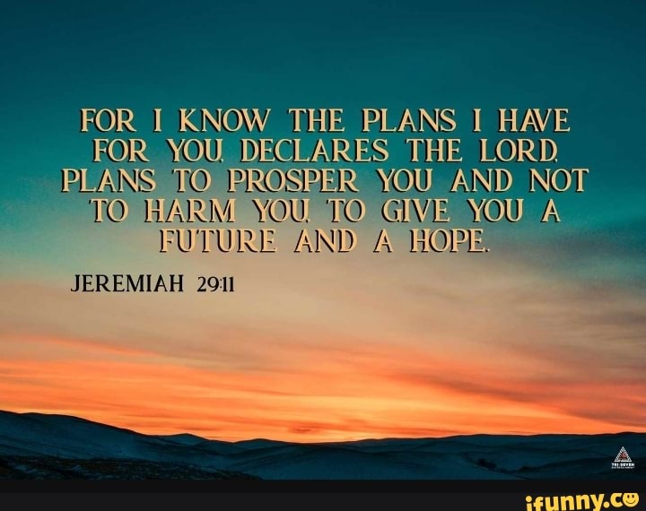 FOR I KNOW THE PLANS I HAVE FOR YOU DECLARES THE LORD, PLANS TO PROSPER ...